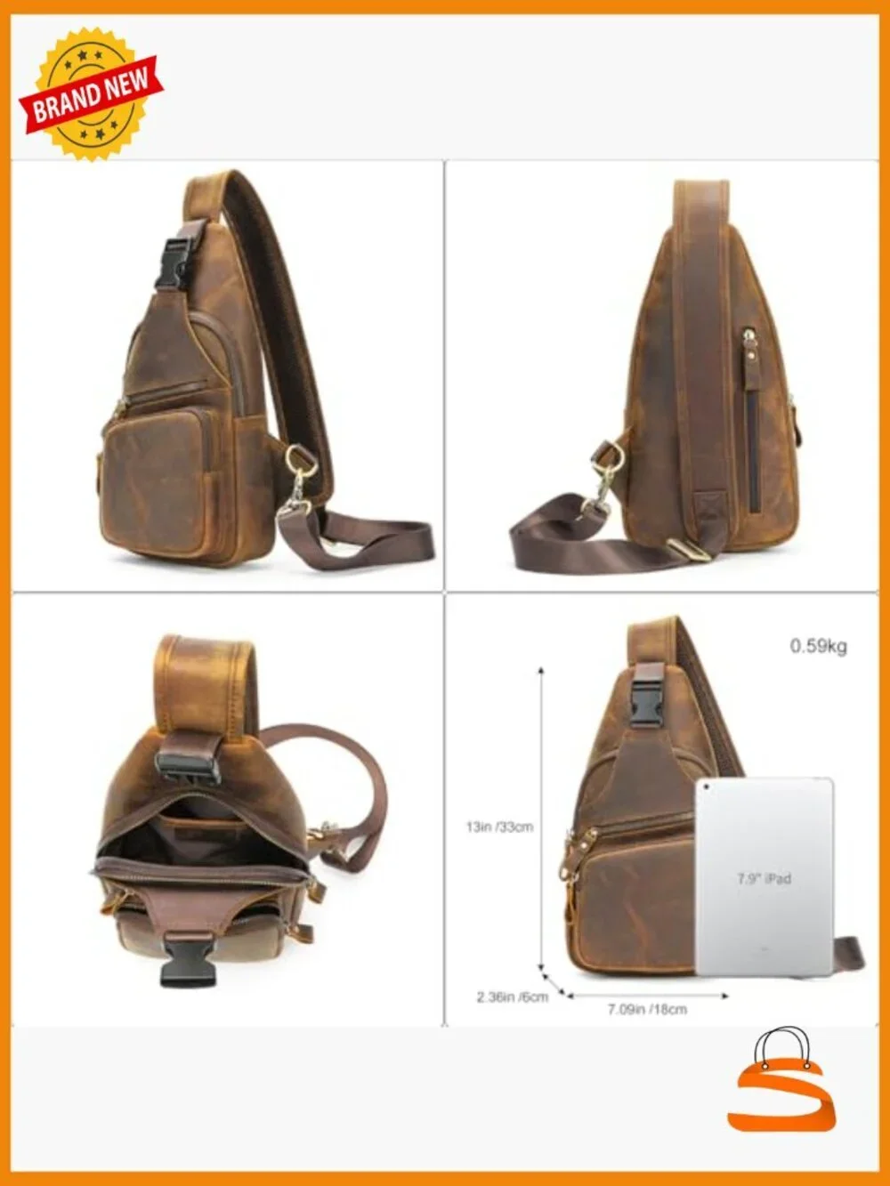 Vintage Genuine Leather Crossbody Sling Bag with Adjustable Strap